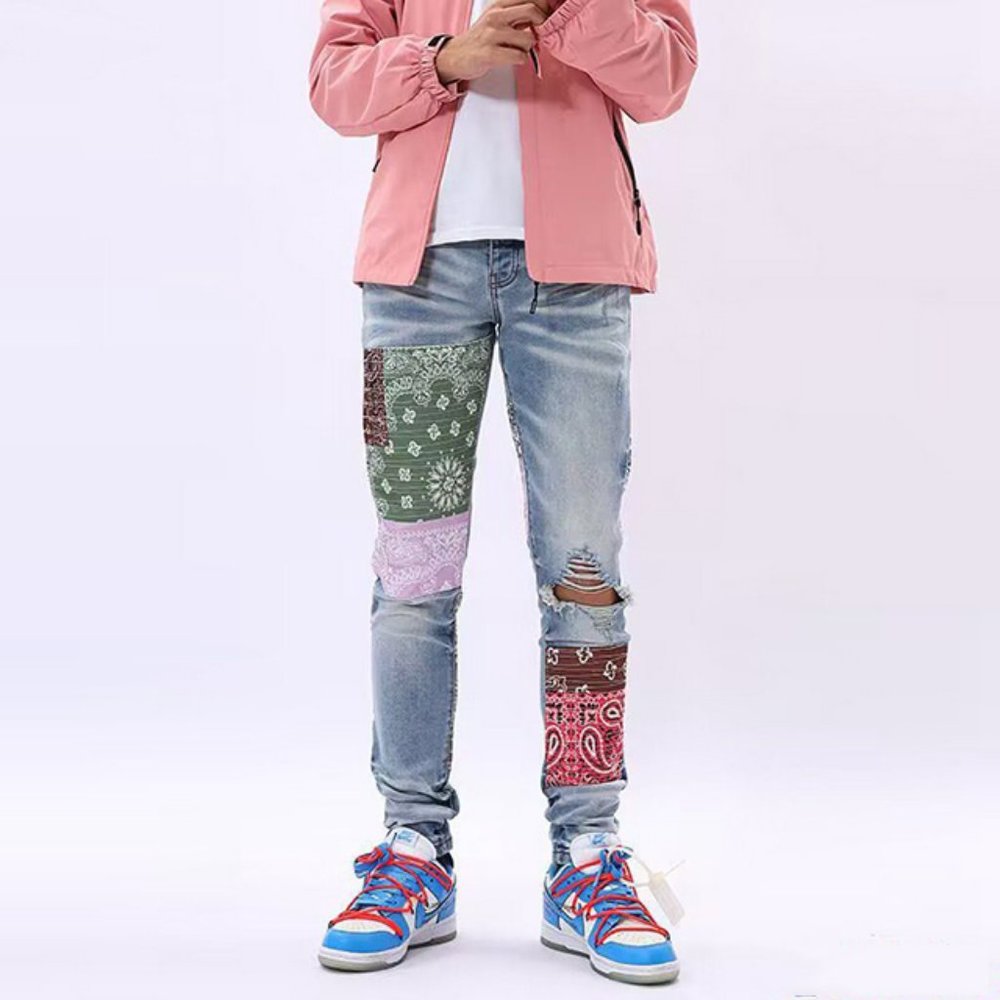 Amiri Vintage Quilt Art Patch Skinny Jeans